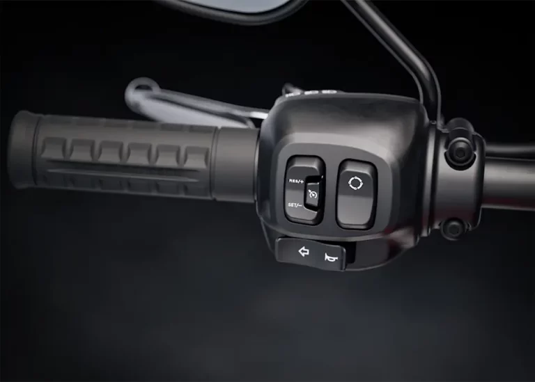 Detailaufnahme des Handgriffes einer Harley-Davidson mit Bedienelementen für Tempomat und Blinker.