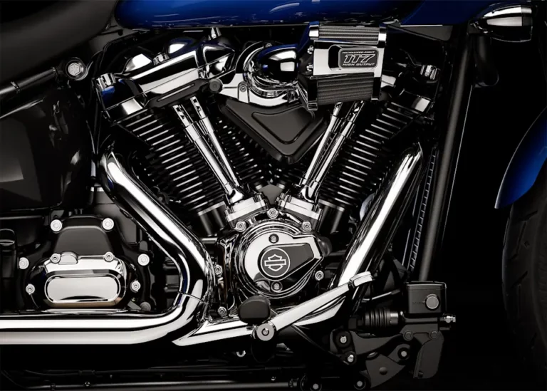 Detailaufnahme eines leistungsstarken Harley-Davidson-Motors mit glänzenden Chromteilen und dem Logo, ideal für Motorradliebhaber und Zubehörinteressierte.
