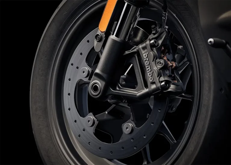 Detailaufnahme eines Harley-Davidson-Motorradbremsystems mit schwarzem Rad und Bremssattel.