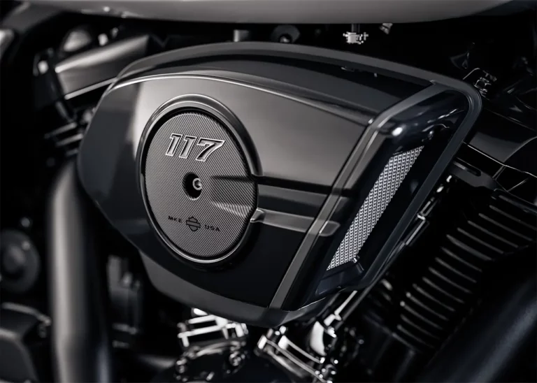 Detailaufnahme des leistungsstarken 117er Harley-Davidson Motors mit glänzendem Gehäuse und markantem Design.