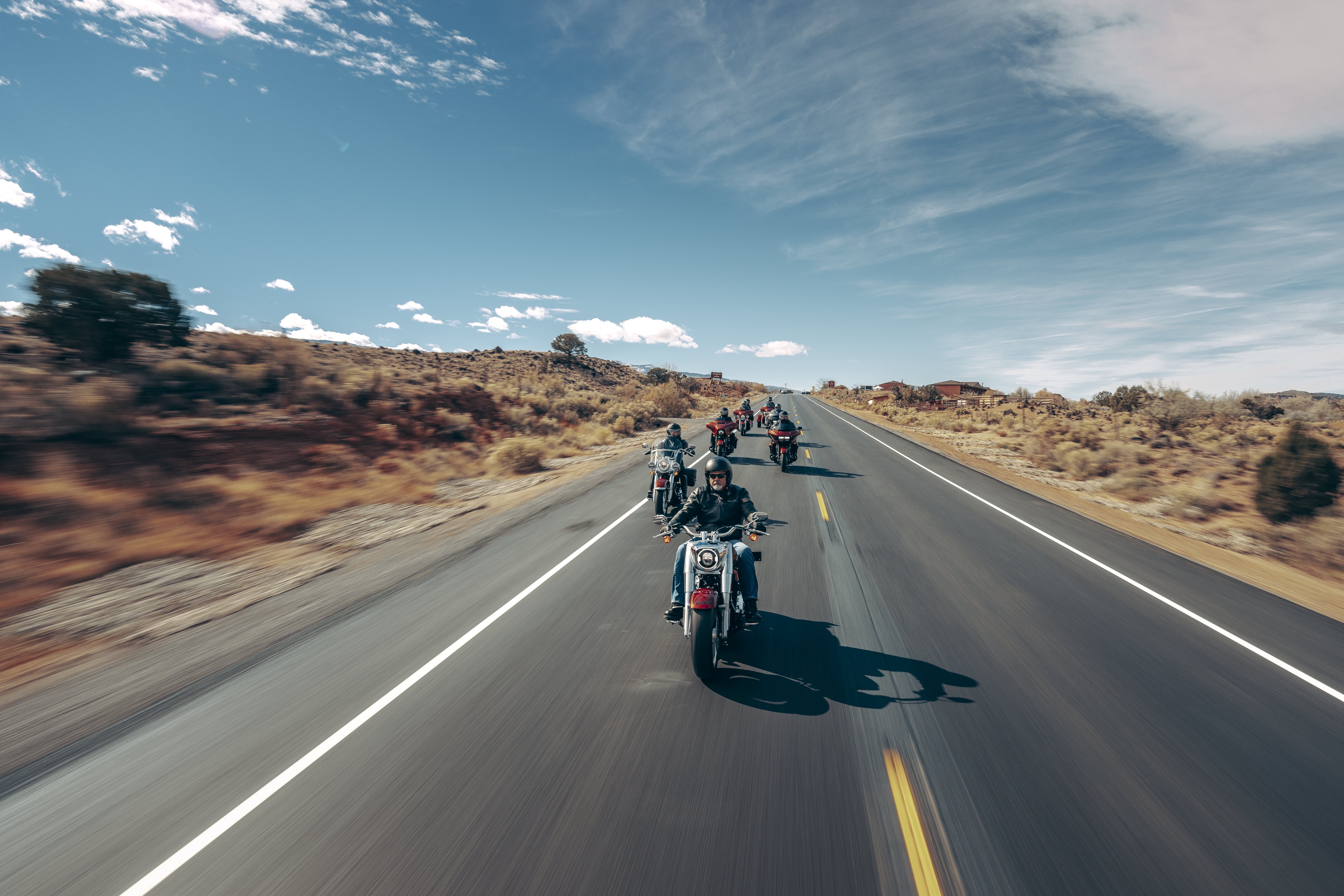 Eine Gruppe von Motorradfahrern auf Harley-Davidson-Motorrädern fährt auf einer offenen Straße durch eine malerische Landschaft.