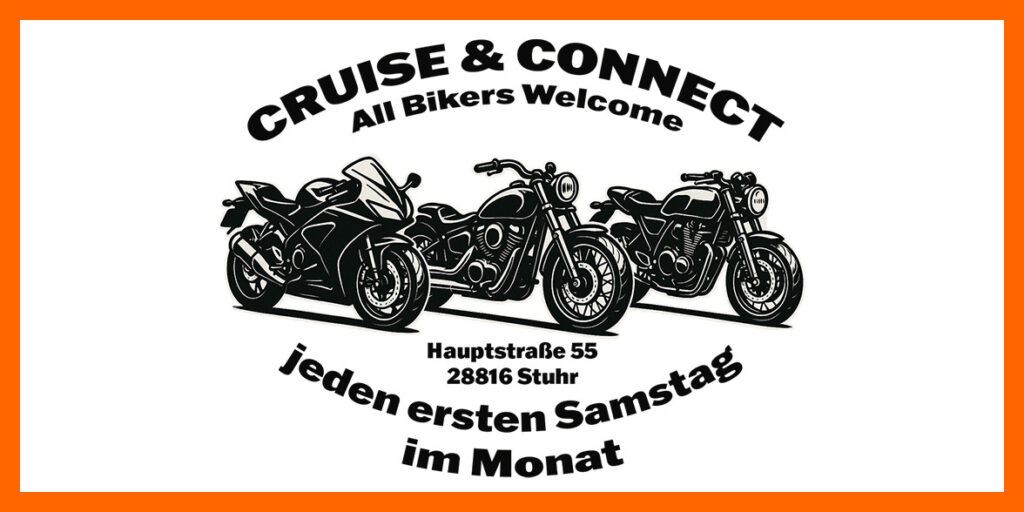 Cruise and Connect Treffen Logo mit 3 Bikes und Schrift
