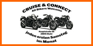 Cruise and Connect Treffen Logo mit 3 Bikes und Schrift