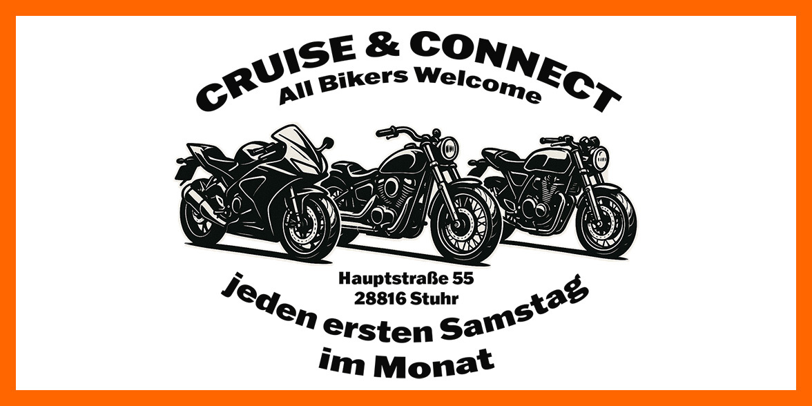 Cruise and Connect Treffen Logo mit 3 Bikes und Schrift