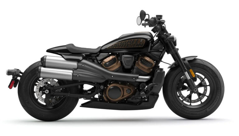Das Bild zeigt eine stylische Harley-Davidson-Motorrad in schwarzer Lackierung mit goldenen Akzenten und einem modernen Design.